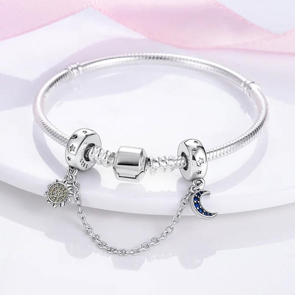 Защитная цепочка, подвески, бусины «Солнце и Луна», подходят для оригинальных браслетов, женские ювелирные изделия «сделай сам», посеребренный браслет в виде бабочки и сердца
