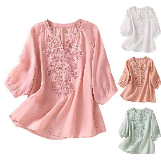 Summer Women Shirt V Neck Flower Embroidery Three Quarter Sleeves Loose Solid Color Retro Mother Mid-aged Female Daily Casual Blouse