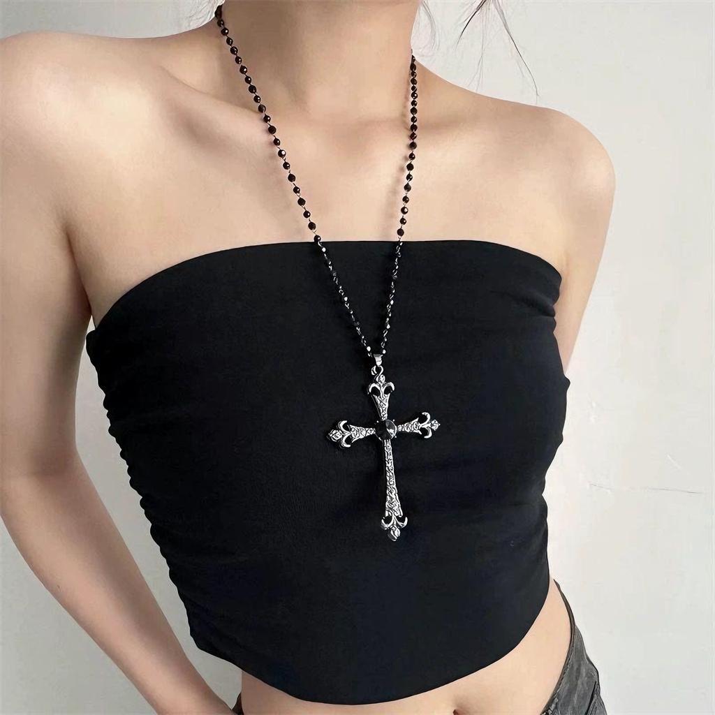 Summer Black Rhinestone Cross Jesus Pendant Choker Necklace for Women Punk Vintage Double Layers Chain Neck Boho Jewelry