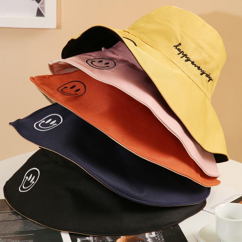 Polyester-cotton Large Brim Fisherman Hat for Women, Spring, Summer and Autumn, Sun Protection Visor, Double-sided Embroidered Smiley Basin Hat