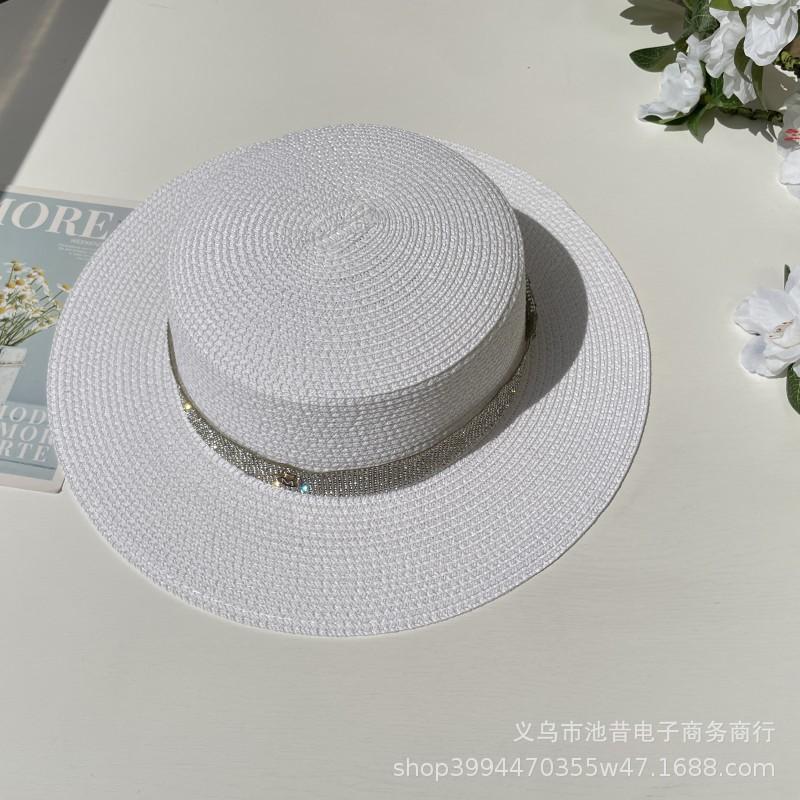 Rhinestone flat top straw hat m standard hat women's beach travel hat fashion wide brim versatile sun protection flat brim straw hat