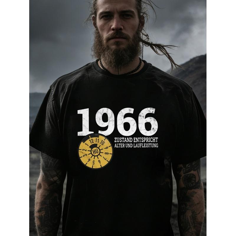 Black T Shirt with 1966 Clock Design And German Text for Casual Wear, PLUS SIZE