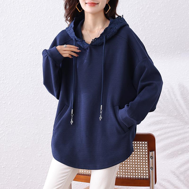 Dimanaf 2024 Плюс Размер Осень Однотонная Футболка Женская Новая Кружевная Капюшонная Пуловер Длинный Рукав Свободные Модные Топы Футболки