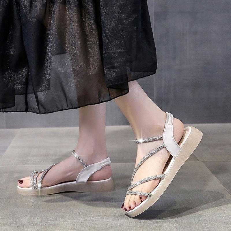 Сандалии на плоской подошве, женские, со стразами, летние, новинки 2024 года, без каблука, элегантные, римские, ортопедические, модные, удобные