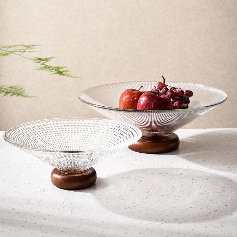 Fruit Plate Solid Wood Base Light Luxury Glass Dessert Plates Living Room Coffee Table Snack Display Tall Candy Plate Tableware