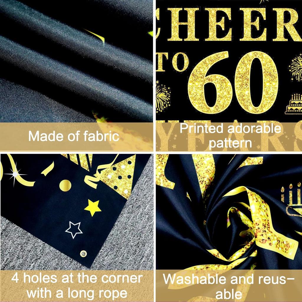 Trgowaul 60th Birthday/Anniversary/Wedding Decorations for Women Men, Cheers to 60 Years Banner, Black and Gold 60th Birthday Backdrop, 60 Bday