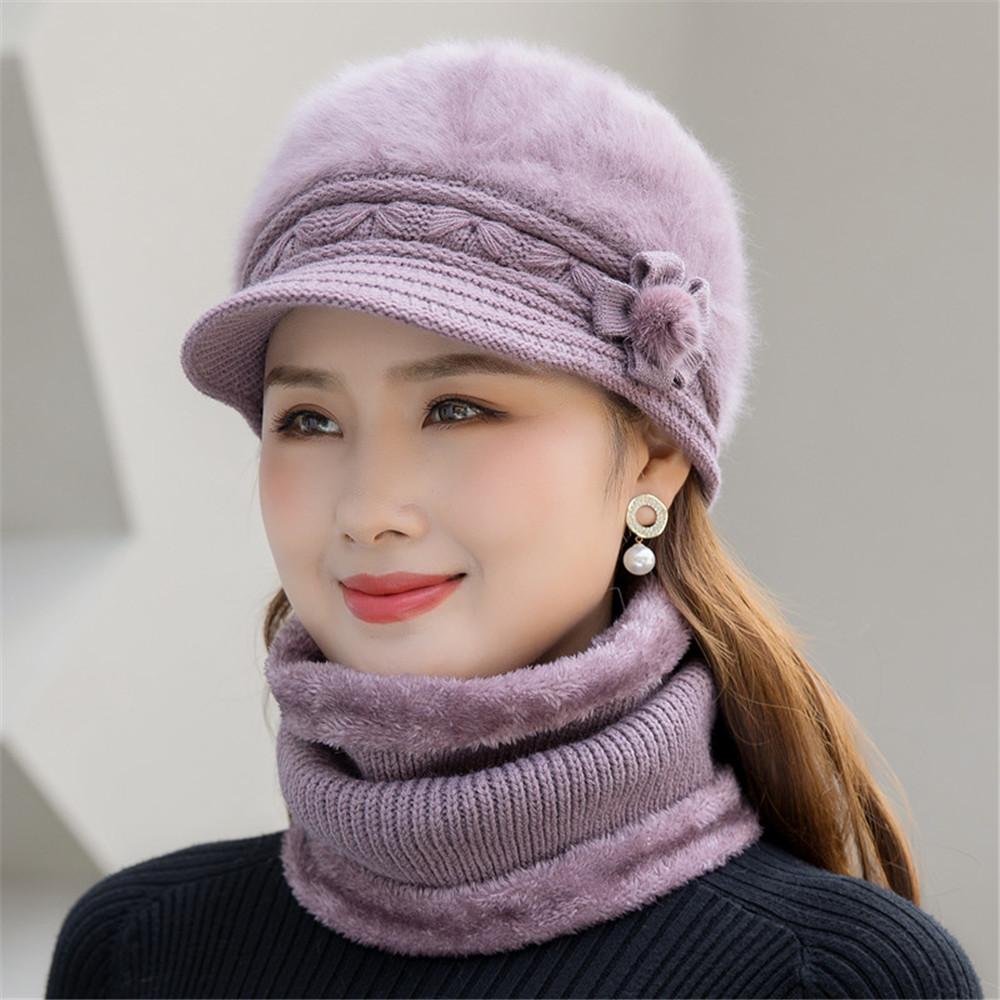 Winter Hat Keep Warm Cap Add Fur Lined Hat And Scarf Set Warm Hats For Female Casual Rabbit Fur Winter Knitted Hat