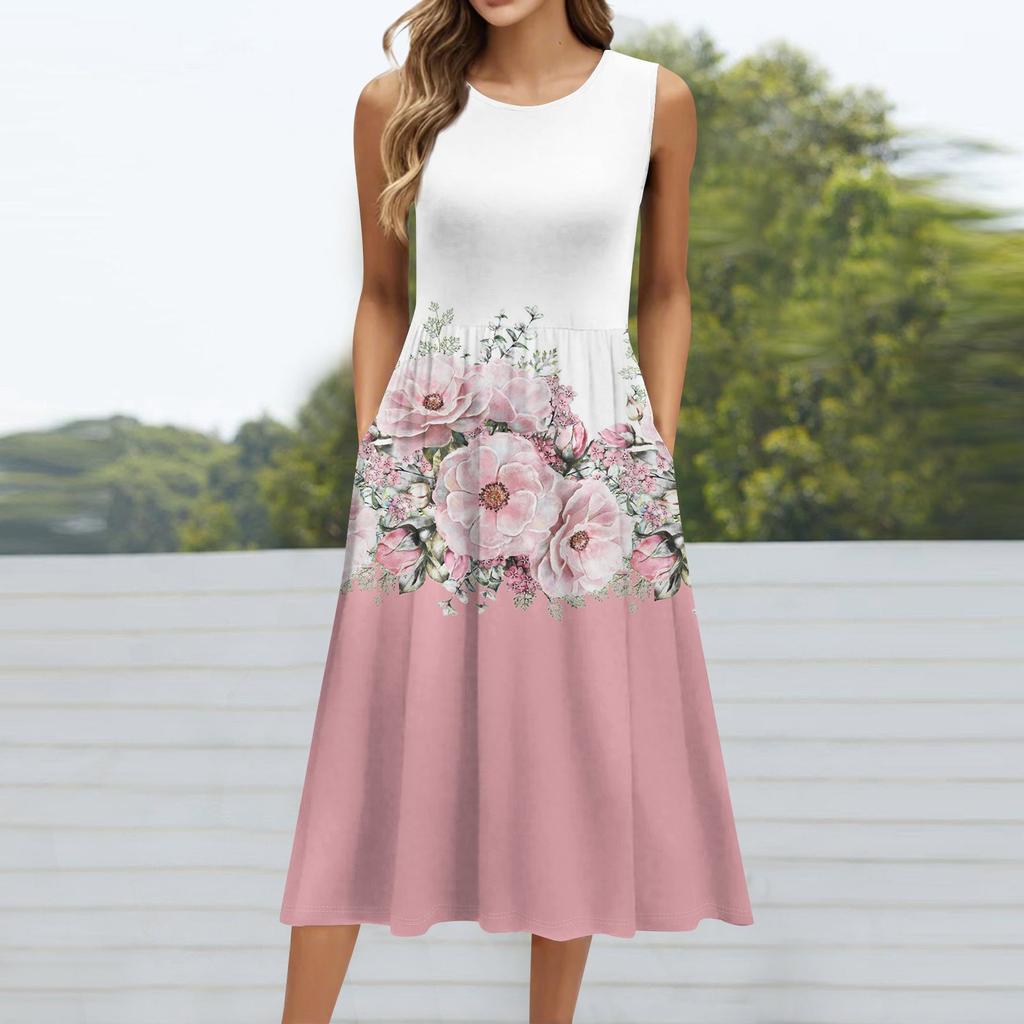 Женское модное платье средней длины с круглым вырезом и принтом без рукавов