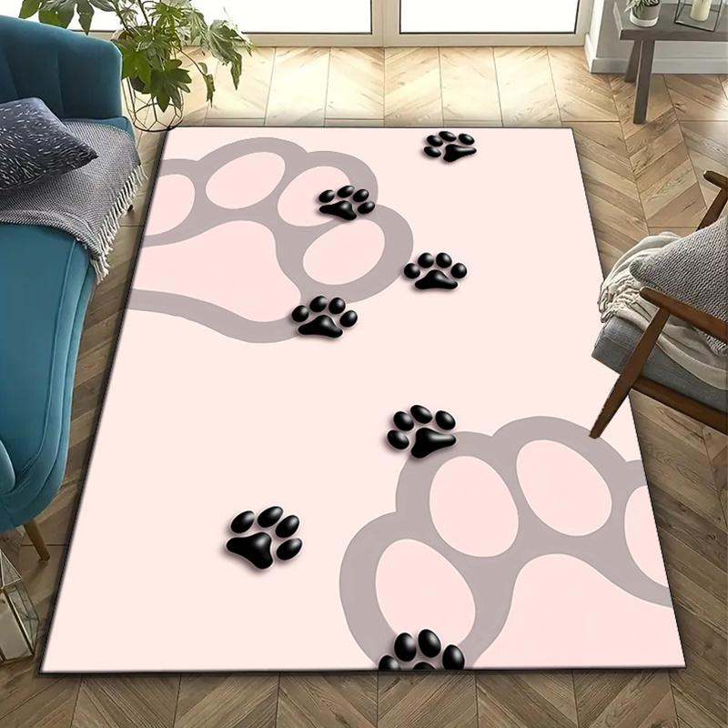 Кристальный вельвет Коврик с принтом щенячьей лапки - Нескользящий, Мягкий розовый с черно-белыми подушечками, Полиэстер, Идеально для спальни