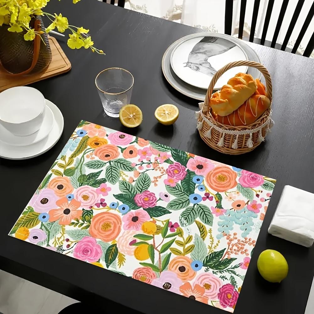 4/6pcs Linen Placemats Set 12x18 Inches - Single-Sided Floral Garden Print, Suitable for Home Kitchen Table Decor, Family Gathering Dinner Table