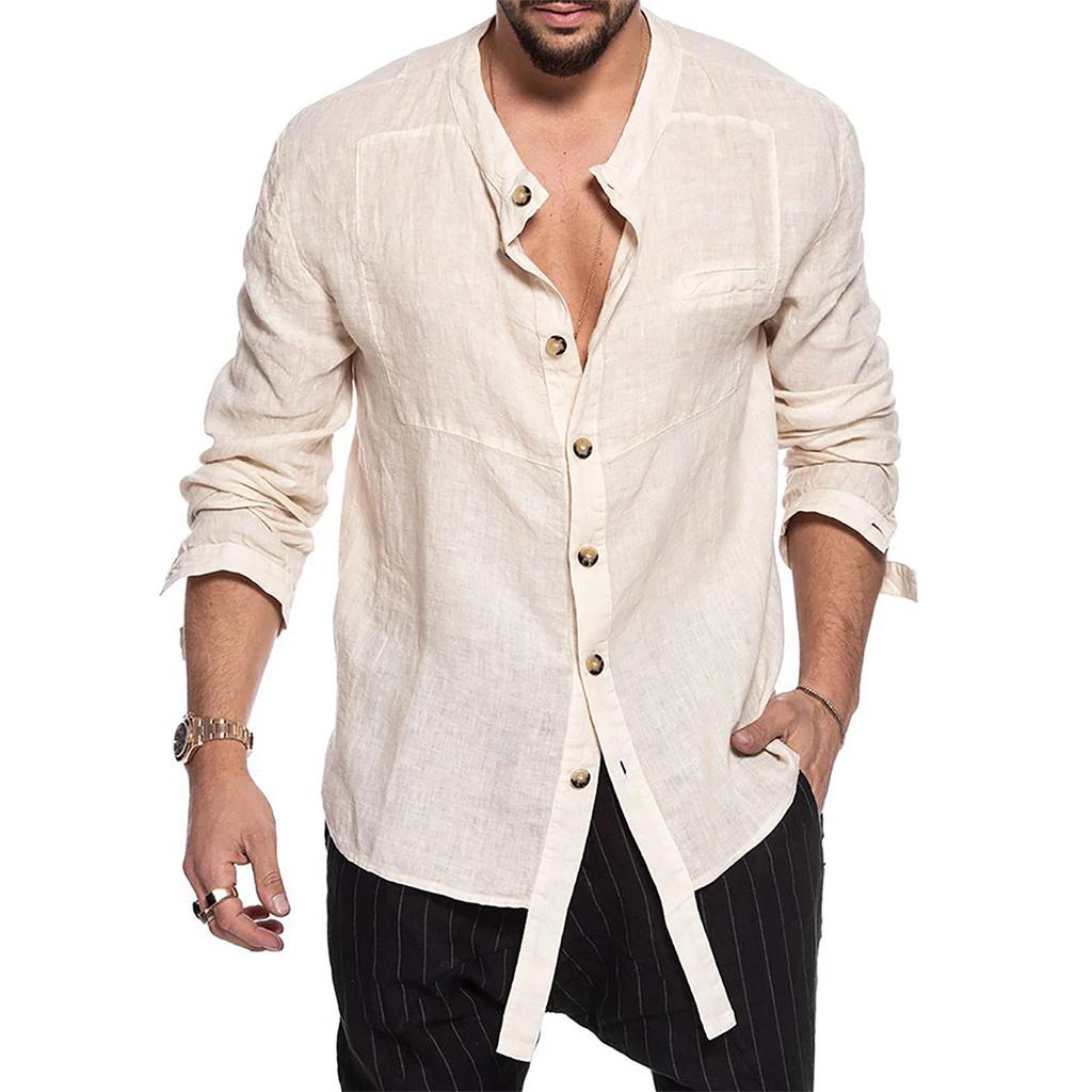 Designer Spring Summer Men's Casual Cotton Linen Solid Color Long Sleeve Shirts Loose Shirts