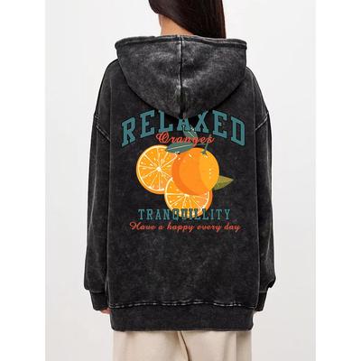 Повседневное женское худи с вареным эффектом, одежда с принтом свежего оранжевого цвета, оверсайз, хлопковый пуловер с карманом, уличная одежда для пары