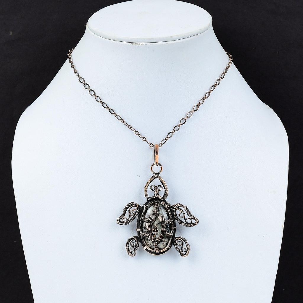 Кулон с астрофиллитом, медная проволока, кулон с драгоценным камнем, кулон с черепахой, медные украшения, кулон ручной работы, подарок для него, кулон с камнем