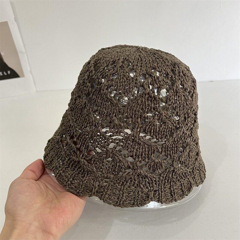 Japanese Solid Color Knitted Hollow Fisherman'S Hat Children Spring And Summer Breathable Sunshade Sunscreen Hat Basin Hat
