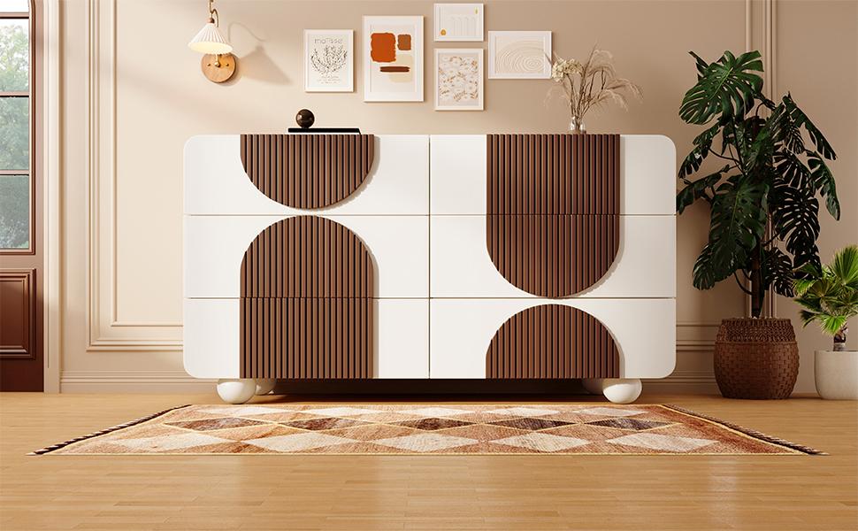 Chest of Drawers with 6 Drawers & Curved Design in White, Chocolate-Colored Wood Strips, Sliding Drawers & Anti-Tip Protection, 121x71x41 cm (W/H/D)