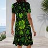 Women Plus Size Round Neck Short Sleeve Clover Printed Dark Green A Line Dress