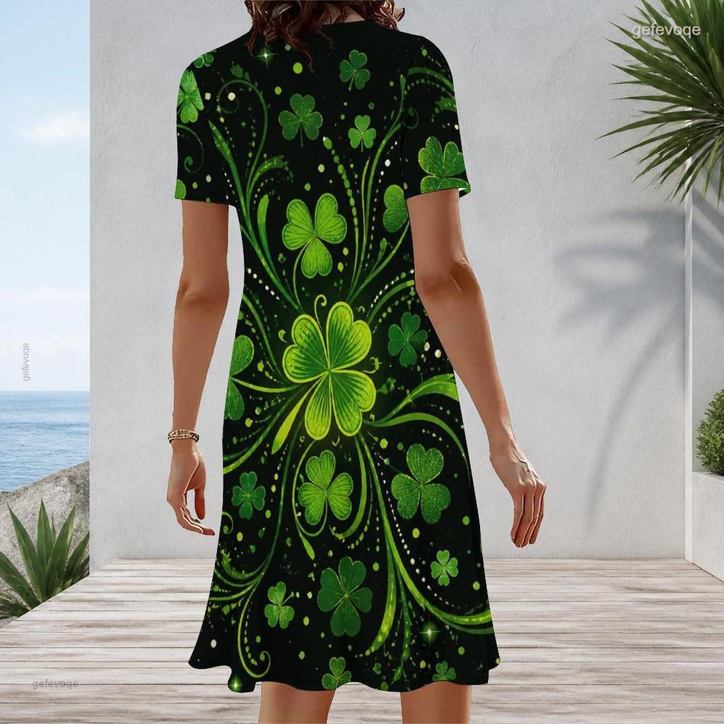 Women Plus Size Round Neck Short Sleeve Clover Printed Dark Green A Line Dress