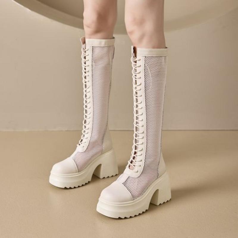 Мода 10 см Воздушная сетка Натуральная кожа Женские Летние Мотоциклетные Сапоги Платформа Высокий Каблук До Колена Полый Замок Женские Ботильоны Мода