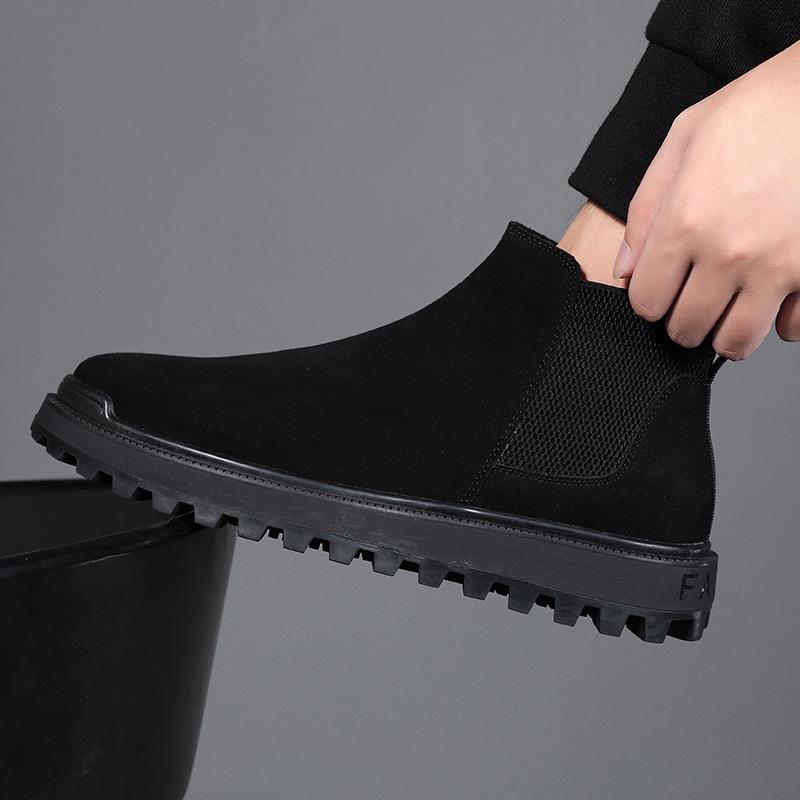 Модные мужские ботинки осень-зима в английском стиле, черные повседневные туфли, ковбойские ботинки челси на платформе, классные ботинки из коровьей замши, кожаные ботинки по щиколотку, hombre