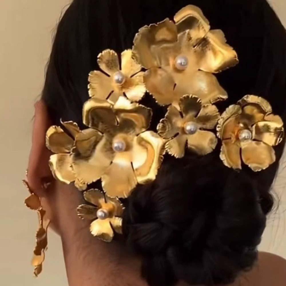 5pcs Hairstyle Tools Golden Flower Hair Forks Retro Wave Zinc Zinc Alloy Barrettes Pearl Side Clips Daily