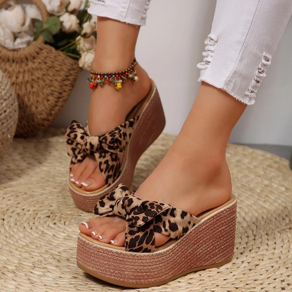 Summer Women Wedge Slippers Leisure Large Size Women Shoes Leopard Print Bow Tie Platform Slippers Outdoor Sandals Slides Women