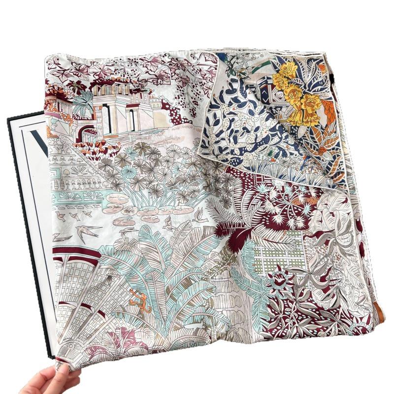 Spring and Autumn New Silk Flower Dill Large Silk Scarf Women's High Sense 100 Mulberry Silk Square Scarf Light Luxury Versatile Silk Shawl