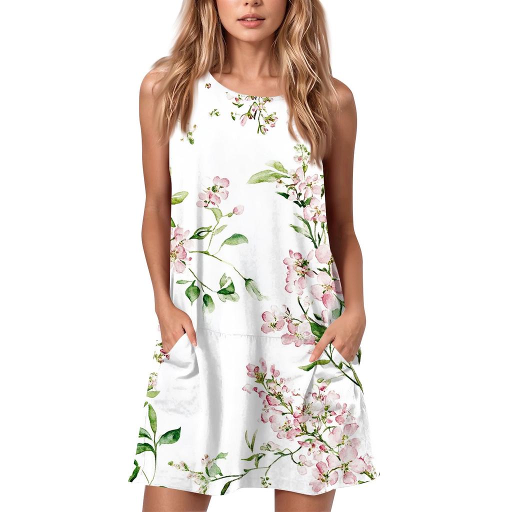 Женское летнее повседневное платье с круглым вырезом и принтом, платье без рукавов с карманами