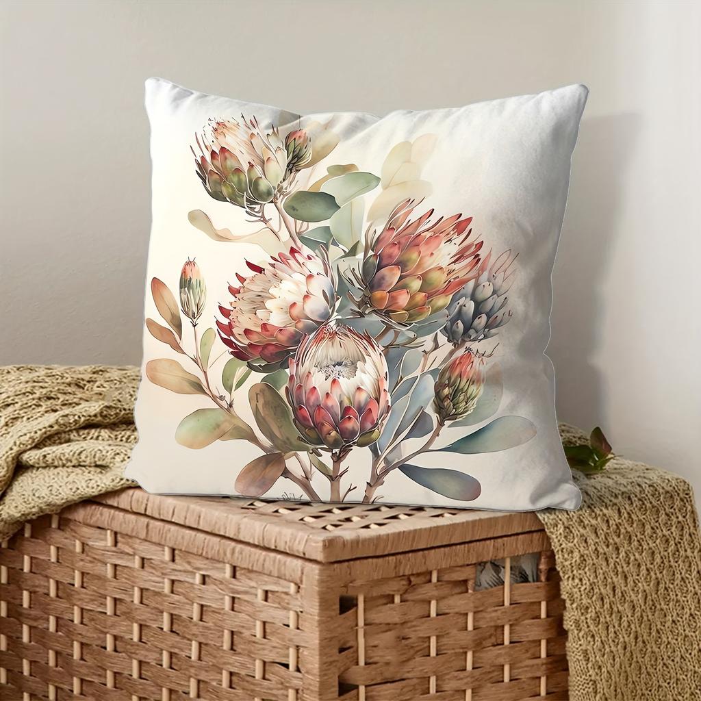 Watercolor Protea Floral Throw Pillow Cover, Soft Boho Tropical Protea Flower Print Decorative Cushion for Living Room Couch