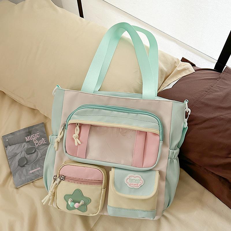 Contrast Color Student Shoulder Bag Girl's Large Capacity Crossbody Tote Bag