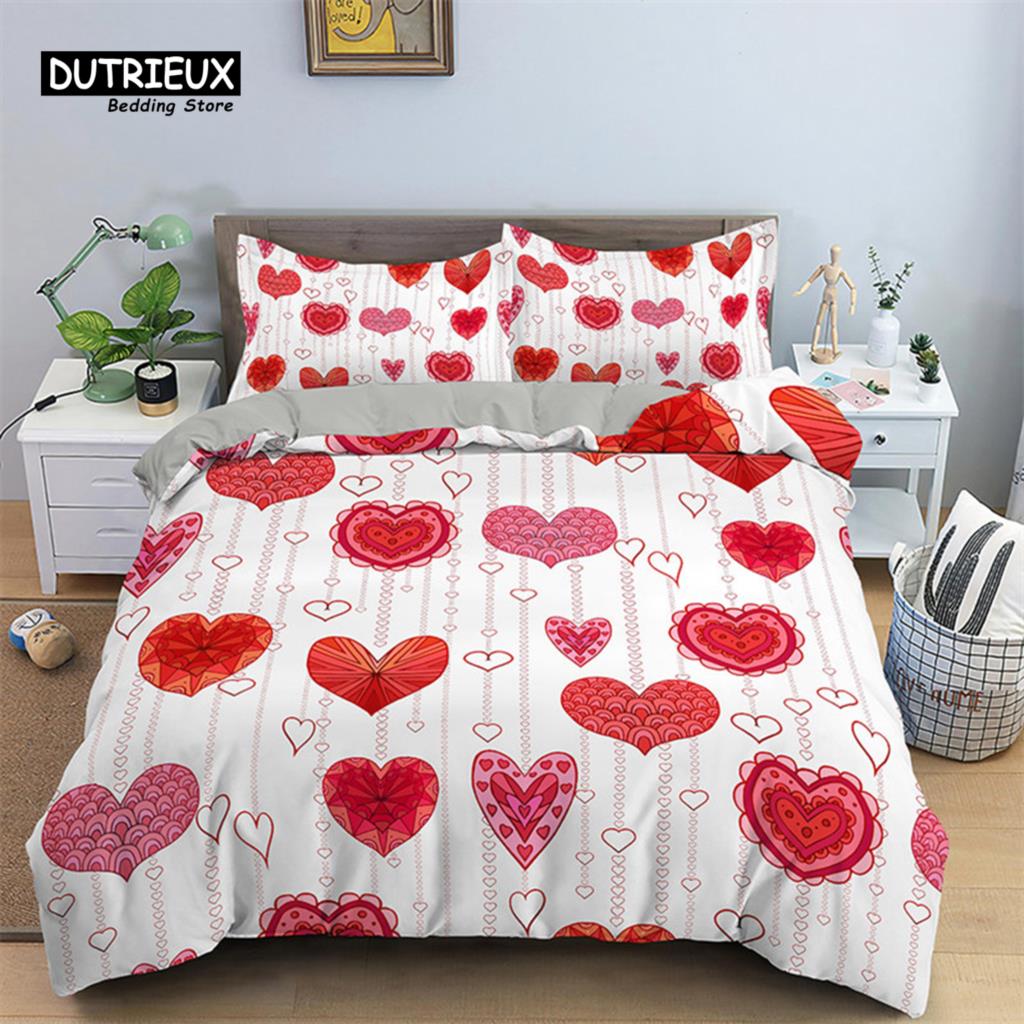 Red Rose Floral Duvet Cover Love Heart Bedding Set Microfiber Romantic Quilt Cover Queen King For Couple Wedding Valentine Decor