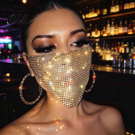Sexy Nightclub Props Sparkly Rhinestone Face Mask, Glitter Crystal Masquerade Bling Half Exquisite Metal Art Mask Covers for Women Halloween