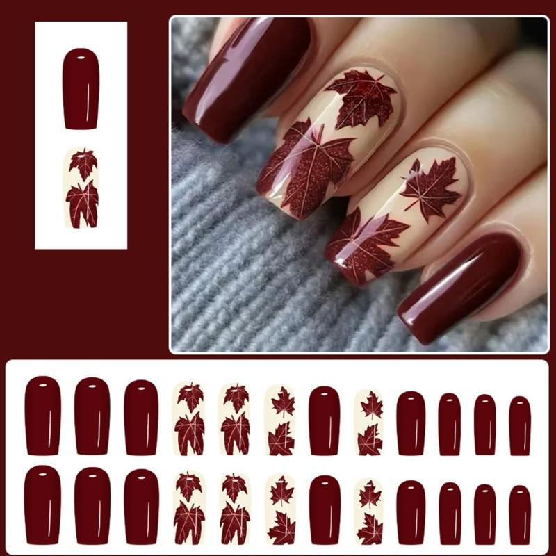 Autumn Winter Press On Nail Set of 24 Glossy Maple Leaf Design Easy Application Comfort Fit