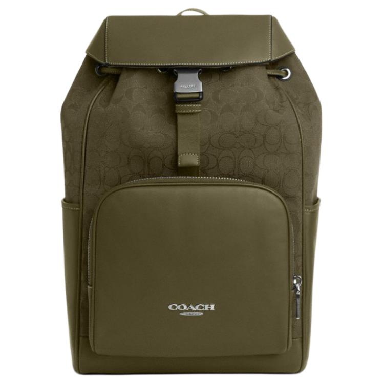 Coach Olive Green Signature Canvas Leather Trim Large Flap Backpack for Daily Use