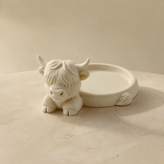 Cute Storage Solution Highland Cow Jewelry Tray, Round Tray 3D Printed Desktop Unique Handicraft Gift Organizer, Decorative Tabletop Container