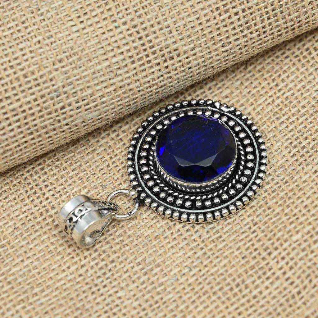 Синий сапфировый драгоценный камень, созданный в лаборатории, кулон ручной работы из стерлингового серебра 925 пробы для нее
