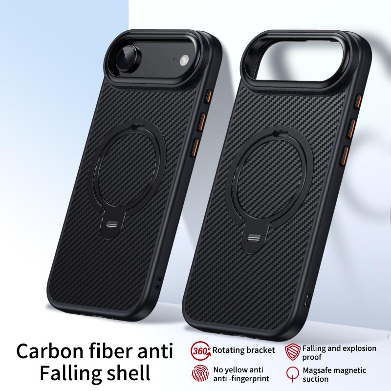 Вращающаяся подставка из углеродного волокна Магнитный чехол для телефона Magsafe Для iPhone 17 16 15 14 13 12 Pro Max 17Air 16E Металлическая рамка камеры Кнопка