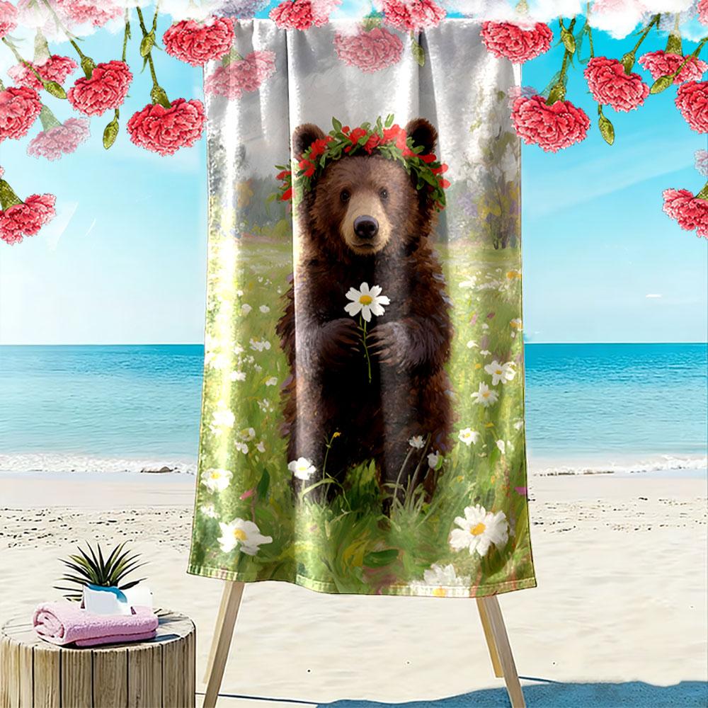 Blossoming bear in meadow Print beach towel, quick drying, suitable for travel, outdoor sports, jogging, the beach and swimming, gift