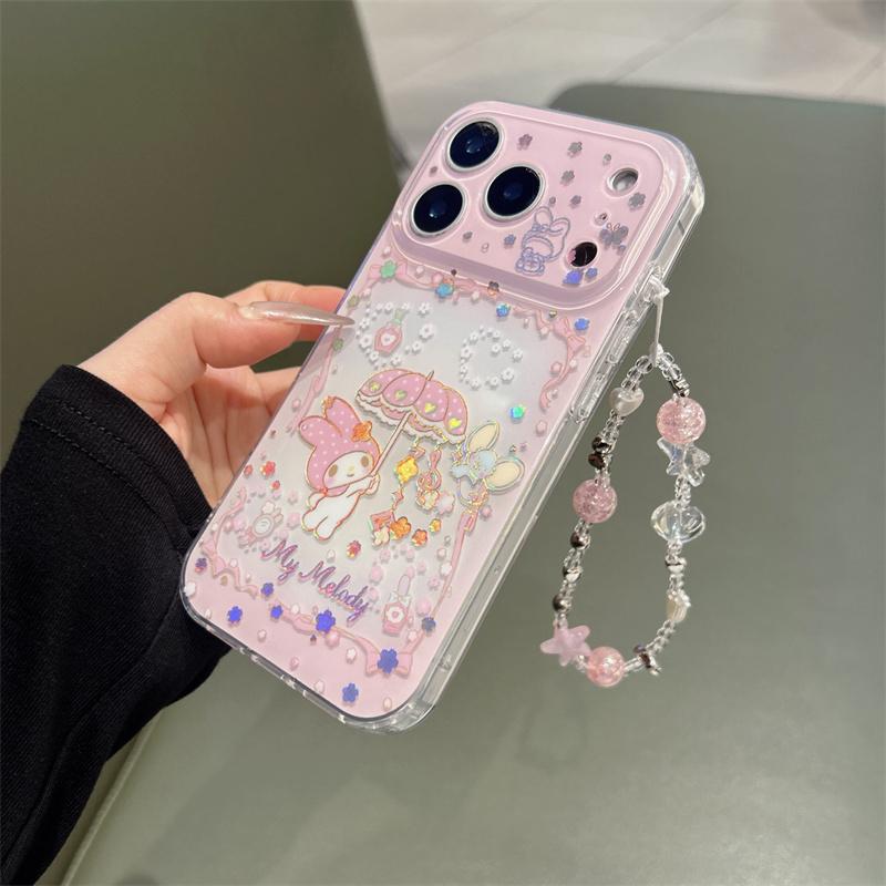 New My Melody Kawaii Glitter Phone Case With Wrist Strap For iPhone 15 16 17 Pro Max INS Pink Cute Shockproof Protective Cover