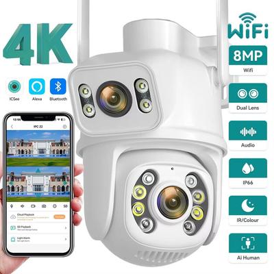 Новая европейская 8-мегапиксельная 4K WIFI IP-камера PTZ с двумя объективами и двойным экраном, функция обнаружения человека с помощью искусственного интеллекта, ночное видение, наружная камера видеонаблюдения Wi-Fi ICsee CCTV Video