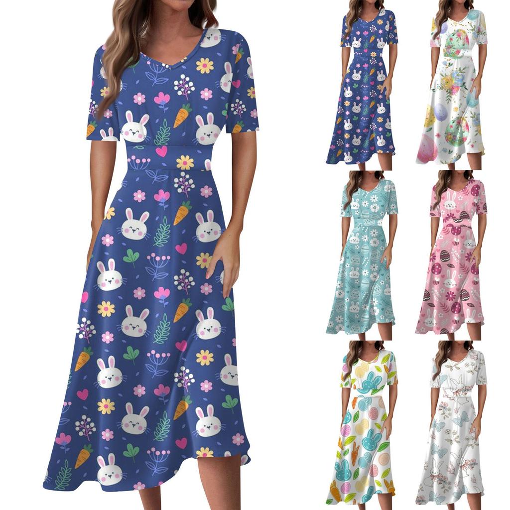 Ladies Casual Fashion Gradient Print V-Neck Short Sleeve Waist Long Swing Dress