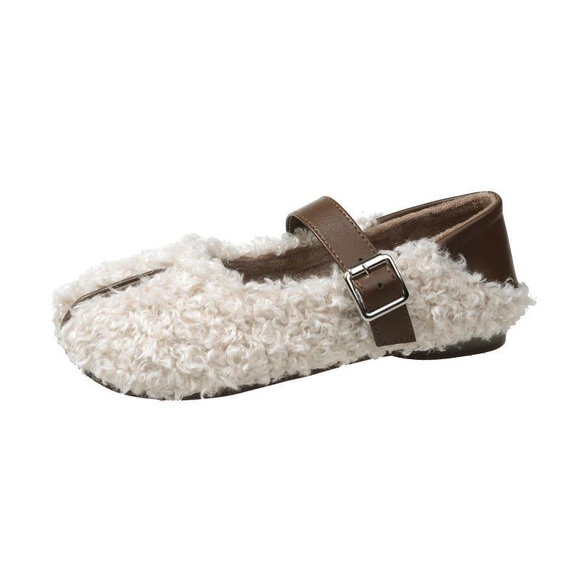 Shoes Woman Flats Loafers Fur Round Toe Autumn Casual Female Sneakers Dress Moccasin Fall Winter Leisure Buckle Strap Flock Rubb