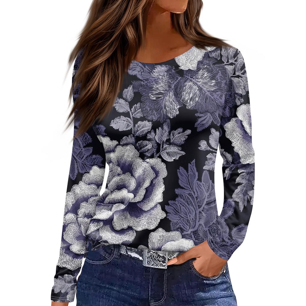 Women's Fashion Hem Slit Casual Retro Floral Print Round Neck Long Sleeve Top
