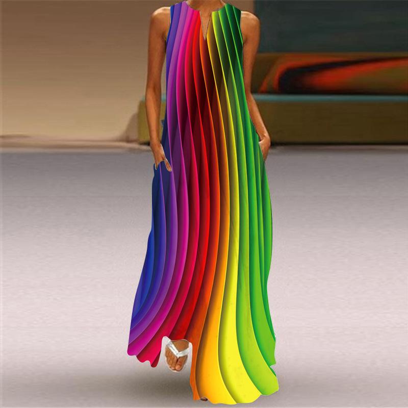 2026 New Summer Women's Sleeveless V-Neck Printed Sexy Dress Long Dress European and American Women's Clothing
