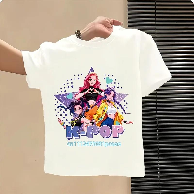 Summer Kpop Popular Cartoon Print Childrens Design Casual Harajuku Style Round Neck Short Sleeved Top Fans Gifts Kids Clothes