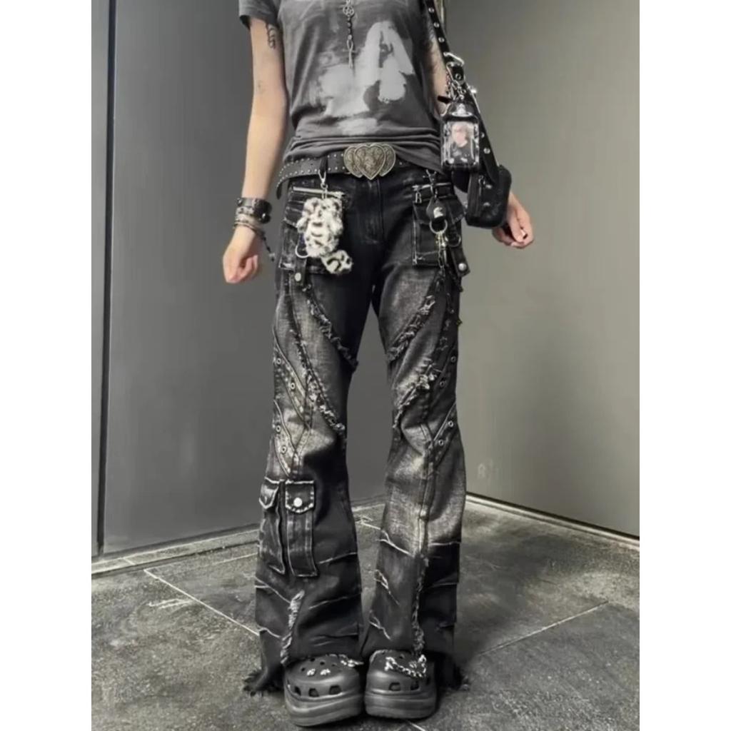 VIONA Autumn Winter Women's Denim Pants Dark Academia Cargo Jean Flared Bell Bottom Designer Kpop Japanese Y2k 2000s Goblin Core