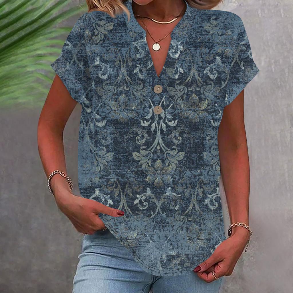 Женская модная повседневная рубашка с v-образным вырезом и коротким рукавом с принтом, футболка на пуговицах, топ