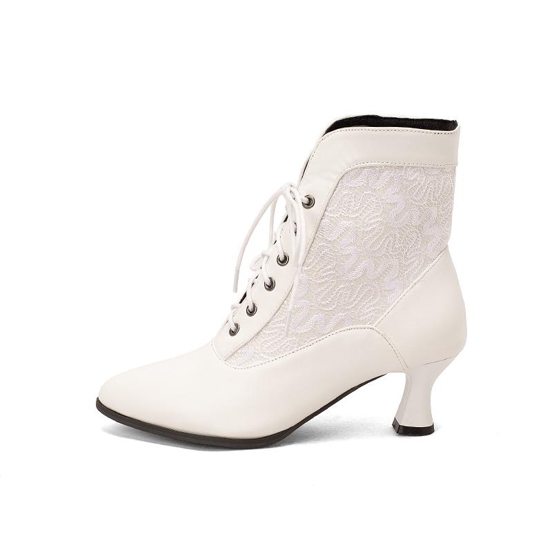 Белые красные женские викторианские ботильоны с острым носком из искусственной кожи с вышитыми шнурками в стиле панк с перекрестными шнурками на высоком каблуке большого размера