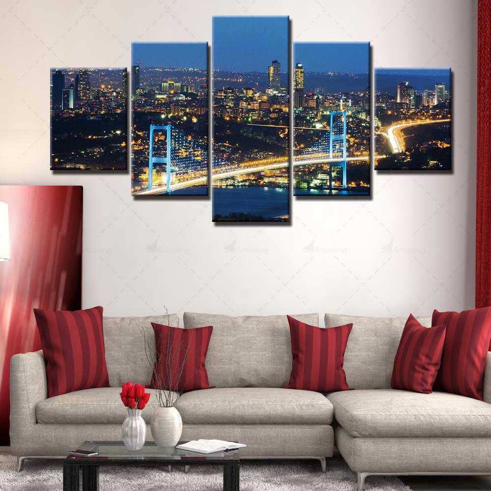 Wall Art Canvas Print Architectural Landscape Painting Home Decor Neon Lights Pictures Modular Frame Hallway Room 5 Set Poster