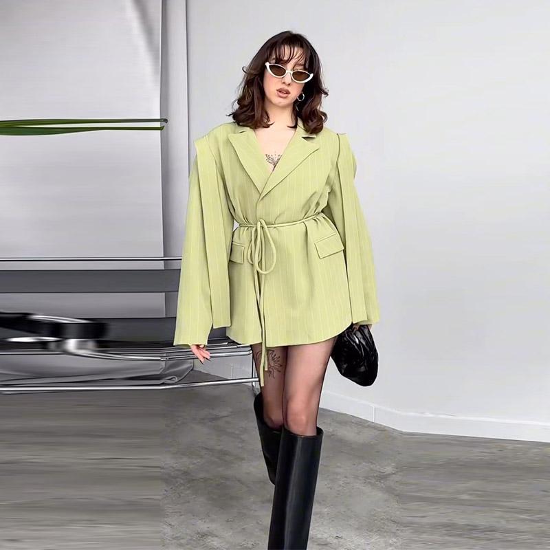 Женский блейзер с лацканами, завязывающимся поясом, пиджак, свободная повседневная и офисная куртка 2025 весна/лето, тонкое пальто с длинным рукавом