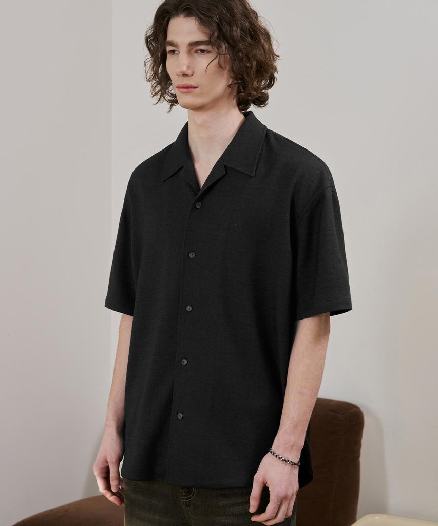 DRAW FIT Dwell Open Collar Waffle Shirt [Black]
